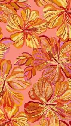 an orange and yellow flower pattern on a pink background with red, gold and green leaves