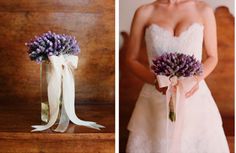 the bride's bouquet is made up of purple flowers and white ribbons, along with her wedding dress