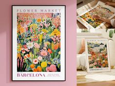 the flower market poster is displayed in front of a pink wall