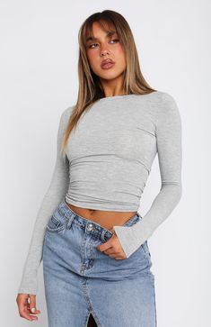 Only For Tonight Long Sleeve Top Grey Marle | White Fox Boutique US White Fox Crop Top, Grey Long Sleeve Top Outfit, Going Out Crop Tops, School Hall, Tops For Women Casual, Wishlist 2024, Y2k Long Sleeve, Cropped Long Sleeve Top, Paris T Shirt