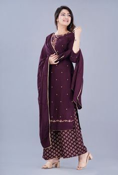 Traditional Purple Palazzo Set With Zari Work, Chanderi Palazzo Set With Embroidered Border And Long Sleeves, Chanderi Long Sleeve Palazzo Set With Embroidered Border, Long Sleeve Chanderi Palazzo Set With Embroidered Border, Purple Embroidered Palazzo Set For Festive Occasions, Embroidered Purple Palazzo Set For Festive Occasions, Diwali Embroidered Palazzo Set With Straight Kurta, Embroidered Art Silk Palazzo Set With Straight Kurta, Festive Embroidered Purple Palazzo Set