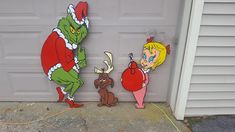 two cartoon characters are standing in front of a garage door