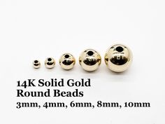 four gold round beads are shown on a white background with measurements for each bead