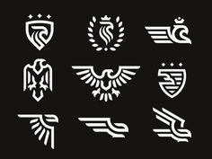 the emblems for different sports teams and their logos are shown in white on a black background