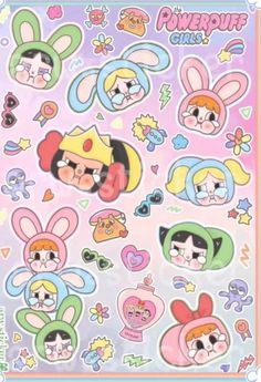 the powerpuff girls sticker sheet is shown in various colors and sizes, including pink