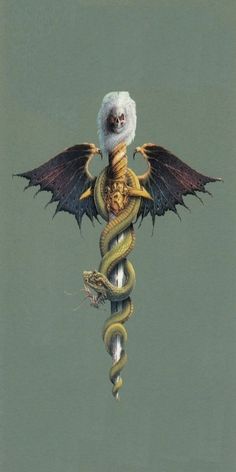 a drawing of a snake wrapped around a medical staff's rod with an owl on top