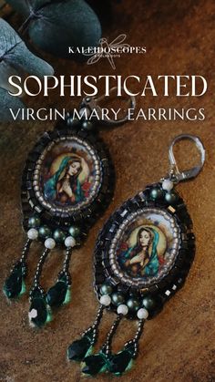 Shop timeless wedding day accessories by Kaleidoscopes And Polka Dots - vintage-inspired Virgin Mary beaded earrings. These elegant chandelier crystal earrings capture the grace and charm of your special day. They feature a beautiful illustration of Mother Mary, providing a memorable heirloom to remember your wedding day.#VintageInspiredJewelry #VirginMaryJewelry #FaithAndFashion #HandcraftedElegance #ChandelierEarrings #EmeraldJewelry #CatholicJewelry #FaithInspiredFashion #JewelryWithMeaning #HandmadeWithLove Wedding Day Accessories, Faith Based Jewelry, Emerald Drop Earrings, Emerald Earrings Drop, Vintage Inspired Earrings, Elegant Chandeliers, Chandelier Crystal, Kaleidoscopes