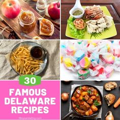 some food that is sitting on top of a table with the words 30 famous delaware recipes