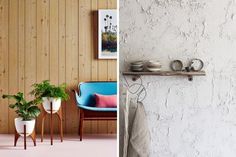 two photos side by side one has a blue chair and the other is a white wall with wood paneling