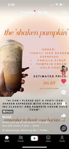 the shaker pumpkin drink menu is displayed on an iphone screen, with information about it