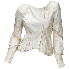 Tom Ford for Gucci Silk Fan Pleated Fitted Jacket Blazer S/S 2004 Runway Collection Designer size 40 - US 4 Off-White Color Stretch Silk, Fan Designed 3D Applications, Front Hidden Copper Zipper, Fully Lined in Stretch Silk. Measurements approx,: Length - 19" ( front ), 22" ( side ), Bust - 32", Waist - 26", Sleeve - 25". Made in Italy. Excellent Condition. Jesse St James, Gucci Blazer, Tom Ford For Gucci, 2004 Runway, Color Block Coats, Versace Jacket, Carolyn Murphy, Pleated Jacket, Mario Testino