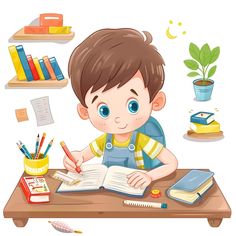 a little boy sitting at a desk with books and pencils