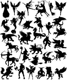 the silhouettes of different types of animals and people