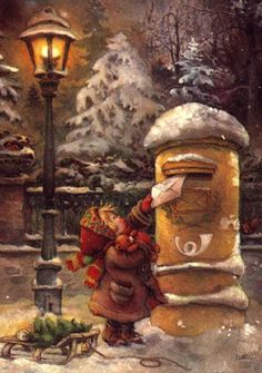 a painting of a person standing in front of a mailbox with snow on the ground