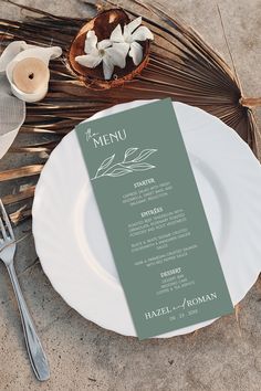 Sage and ivory wedding menu on a plate with tropical beach styling. Sage Green Wedding Menu Cards, Ivory Sage Wedding, Sage Green And Ivory Wedding, Ivory And Green Wedding, Green And Ivory Wedding, 21 Dinner, Diner Menu, 21 Diner, Menu Printable