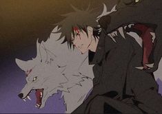 an anime scene with two wolfs and one man in the foreground holding his head