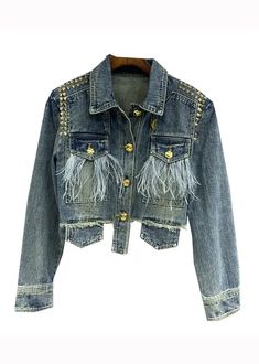 Stylish Blue Tasseled Rivet Patchwork Denim Jacket Fall - Ada Fashion Patchwork Denim Jacket, Urban Trends, Long Denim Skirt, Patchwork Denim, Diy Clothing, Comfortable Room, Fall Fabric, Denim Patchwork, Denim Design