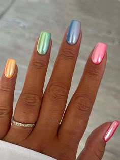 Multicolor  Collar    Color Nails Embellished   Nail,Hand & Foot Care Chrome Nails Pastel, Bright Chrome Summer Nails, Nails Art Summer 2024, Bright Colorful Nails, New Trending Nails 2024, Tiny Mirrors, Vibrant Florals, Chrome Nails Designs, Cheap Nail