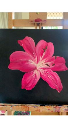 a pink flower painted on a black background