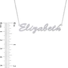 Perfect your everyday look with a new favorite go-to accessory - this personalized white lab-created sapphire cursive name necklace in silver. Crafted in sterling silver This design features the name of your choice - from three to nine characters in length - sculpted in a classic cursive font. White lab-created sapphires line the name art for a shimmering look. This style suspends centered along a cable chain that secures with a spring-ring clasp. The 18.0-inch necklace adjusts to 16.0 and 17.0 inches. Cursive Font, White Lab, Cursive Fonts, Name Art, Name Necklace, Spring Rings, Cable Chain, Everyday Look, Design Features