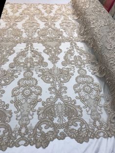 Floral - Taupe - Embroided Lace Fabric with Damask Pattens - Beautiful Embroided Flower Fabrics Sold by The Yard Lace Fabric Pattern, Gold Lace Fabric, Linen Fabrics, Geometric Vintage, Evening Dress Fashion, Fabric Beads, Gold Lace, Brocade Fabric, Sequin Fabric