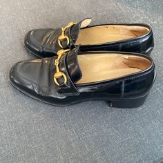 Used Vintage Gucci Loafers See Pictures For Condition Of The Soles Inside Heel Is Sticky From Insert Outside Leather Has A Few Scratches. Hardware Is In Good Condition Vintage Gucci Loafers, Gucci Modern Black Loafers, Gucci Black Leather Loafers, Gucci Slip-on Tassel Loafers For Business, Brown Gucci Slip-on Loafers, Gucci Loafers, Black Loafers, Gucci Black, Gucci Shoes