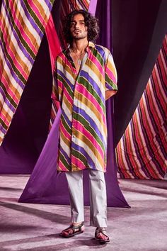 Shop for Punit Balana Multi Color Satin Silk Stripe Print Shirt Kurta And Pant Set for Men Online at Aza Fashions Multi Color Saree, Isha Gupta, Punit Balana, Embroidery 3d, Kurta With Pants, Silk Pants, Satin Silk, Pant Set, Pink Shirt