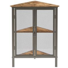 a metal and wood cabinet with two shelves on each side, one door open to the other