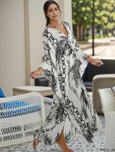 Peilia - Womens Plus Size Casual Cover Up Dress with Leaf Print Bat Sleeves, V-Neck and Slight Stretch White Summer V-neck Dress For Beach, White Maxi-length V-neck Beach Dress, White Maxi V-neck Dress For Beach, V-neck Maxi Dress For Beach Season, White V-neck Maxi Dress For Beach, Printed V-neck Dress For Vacation, Printed V-neck Beach Dress, White V-neck Beachwear Maxi Dress, White V-neck Maxi Dress For Beach Season