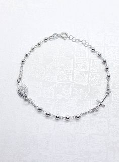 Sterling silver 925 ROSARY BRACELET Cross and Miraculous medal with silver 3mm beads bracelet length; adjustable 18 - 20 cm Nickel-free Sterling Silver Rosary Bracelet, Adjustable Hypoallergenic Silver Rosary Bracelet, Adjustable Sterling Silver Rosary Bracelet, Adjustable Silver Chain Bracelet With Spiritual Style, Adjustable Silver Spiritual Chain Bracelet, Adjustable Silver Chain Bracelet, Spiritual Style, Silver Sterling Rosary Bracelet With Round Beads, Adjustable Silver Rosary Bracelet, Nickel-free Silver Rosary Bracelet For Spiritual Use