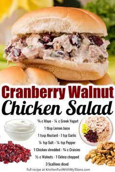 an advertisement for cranberry walnut chicken salad on a roll with nuts and raisins