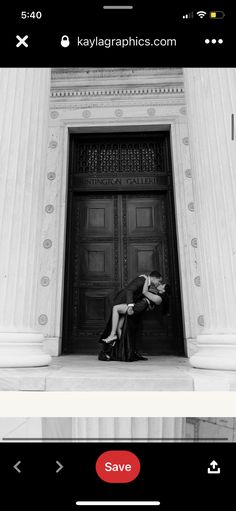 two images of a couple kissing in front of a building with columns and doors, one is black and white the other is red