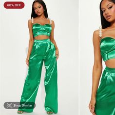 2 Piece Set From Fashion Nova New With Tags Tried On Once No Returns So Just Trying To Make Some Money Back Elegant Two-piece Set Bottoms For Party, Summer Party Satin Bottoms, Elegant Two-piece Party Bottoms Set, Elegant Party Two-piece Bottoms Set, Green Bottoms For Night Out, Green Bottoms For Night Out Party, Green Chic Bottoms For Party Season, High Waist Two-piece Party Set, Fitted Two-piece Pant Set For Party