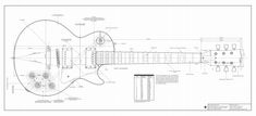 an electric guitar is shown in blueprint on a white sheet with black and white lines