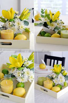 four photos of lemons, flowers and candles in a box on a table top