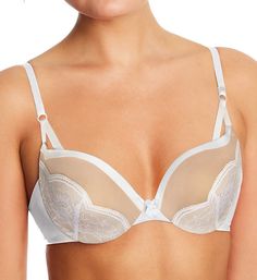 You'll love the look this cute push-up bra gives you! Designed with Wonderbra for a natural lift. Made of nylon and spandex. Contour, underwire cup has crescent-shaped, medium graduated push-up padding to give your bust youthful lift. Darted lace cup overlay on contrast microfiber gives a more contemporary feel. Plunge neckline shows off cleavage and works well with low-cut fashions. Bandless front is less bulky for short-waisted women. Center - triangle panel with velvet bow. Sides and back are White Underwire Nursing Bra With Removable Cups, White Nursing Bra With Removable Cups And Underwire, White Underwire Bra With Removable Cups, White Fitted Nylon Bra, Fitted White Nylon Bra, White Bra With Removable Pads And Sweetheart Neckline, Nylon Full Cup Bra With Removable Pads, White Full Cup Bra With Padded Cups, White Nylon Bra