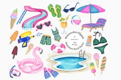 watercolor clipart set with flamingos, umbrellas, swim suits and pool floats