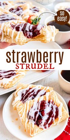 strawberry strudel on a white plate with coffee and strawberries in the background