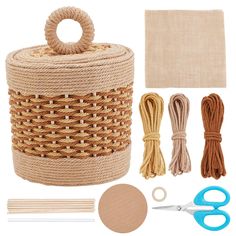 the supplies needed to make this basket include yarn, twine, scissors and string