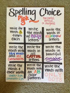 a poster with words written on it that say spelling choice and write the word in rainbow letters