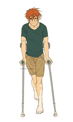 an orange haired man with crutches and a green shirt is holding two canes