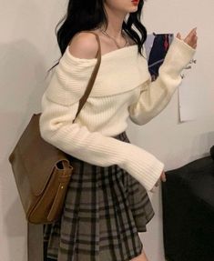 Y2k Clothing, Korean Aesthetic, Knitwear Fashion, Off Shoulder Sweater, Knitted Tops, Knitting Women Sweater, Plaid Skirt, Sweater Women, Off Shoulder Tops