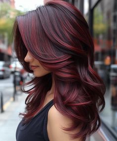 Cherrywood Hair Color Womens Auburn Hair Color, Red Hair With Depth, Dark Red And Dark Brown Hair, Red Gloss Hair, Brown And Violet Hair, Burgundy Hair Color With Highlights, Brown And Red Hair Ideas, Balayage Burgundy Hair, Red Hair Purple Highlights