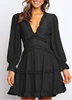 This long sleeve ruffle mini dress with a cutout back is absolutely adorable . . and subtly sexy! This flirty mini dress is under $40 and available in 12 colors. Where to Wear this Boho Mini Dress: Wedding Guest Dress | Date Night Dress | Vacation Dress | Special Occassion Dress | Engagement Party Dress | Amazon LBD | Cruise Dress | Happy Hour Dress | Graduation Party Outfit | Vacation Outfit | Boho Dress | Boho Outfit | Cute Dress Ideas | Summer Outfit Ideas | Date Night Outfit Idea Clubbing Outfit, Chic Mini Dress, Sleeve Ruffles, Dress Minimalist, Elegant Dinner Party, Outfit Simple, Belle Silhouette