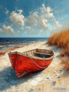 a painting of a red boat on the beach