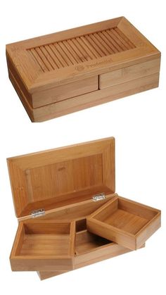 two wooden boxes with lids open and closed