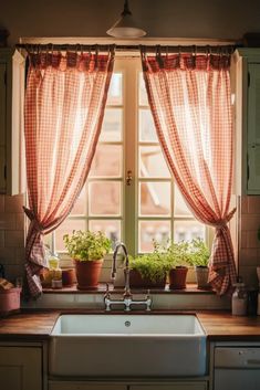 a kitchen sink sitting under a window next to a counter top with potted plants on it