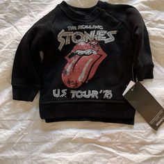 Babies Size 3 To 6 Months Rolling Stones Sweatshirt Nwt Graphic Print Tops For Playwear In Fall, Winter Letter Print Top For Playwear, Winter Tops With Letter Print For Playwear, Black Long Sleeve Tops For Playwear, Black Crew Neck Tops For Playwear, Rolling Stones Shirt, Baby Size, Rolling Stones, Kids Shirts