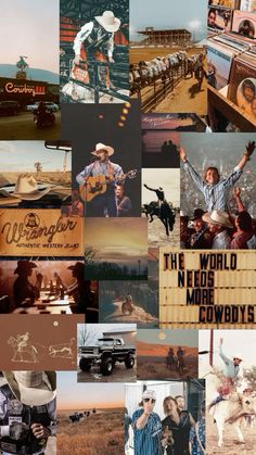 the collage is made up of many different pictures and words, including cowboys, cowgirls