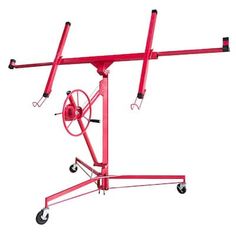 a red cart with wheels on it is shown in front of a white background and there is also a wheel attached to the cart